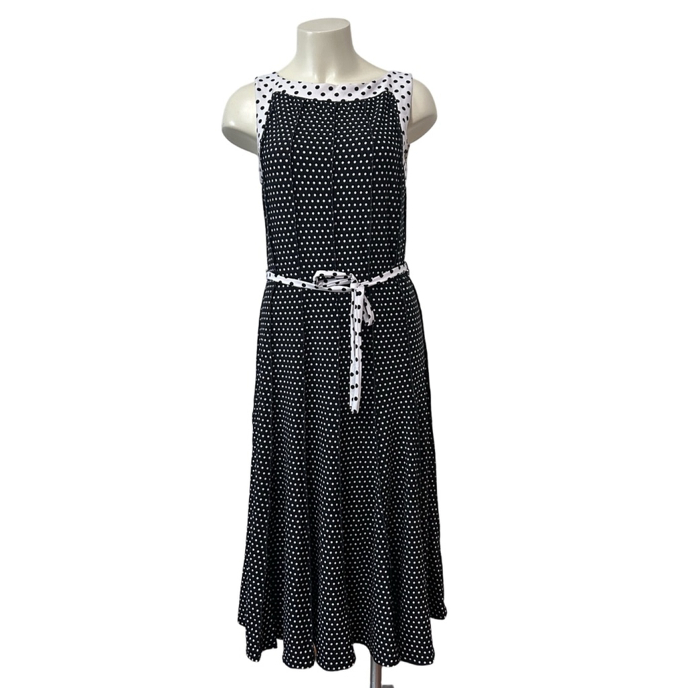 Haani Polka Dot Midi Dress Women’s L Black White Sleeveless Belted